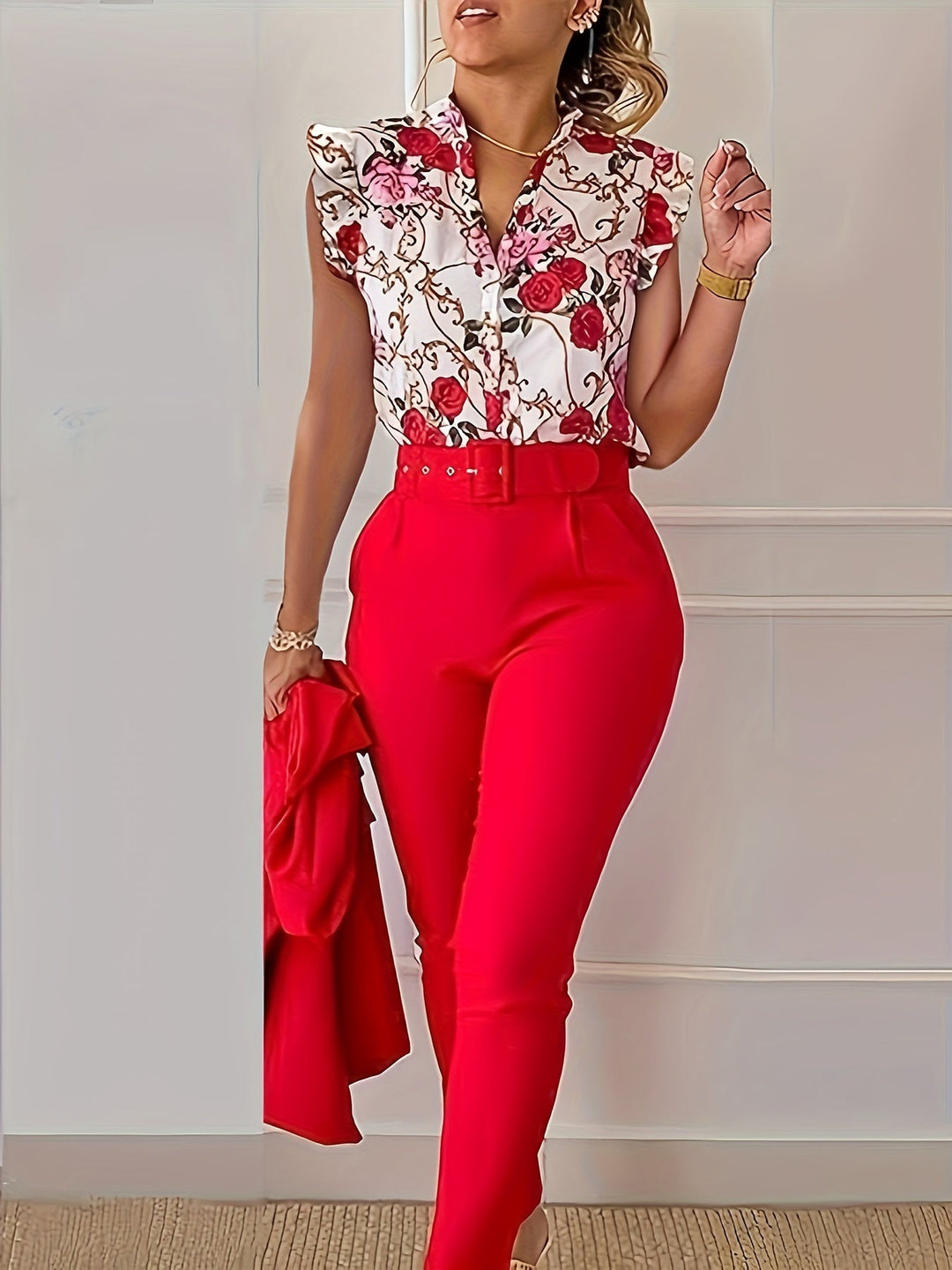 Florabel - Conjunto Elegante com Mangas de Volante