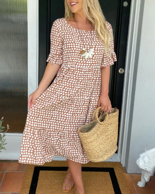 ZORA | VESTIDO MIDI DE MANGA CURTA EM BEGE